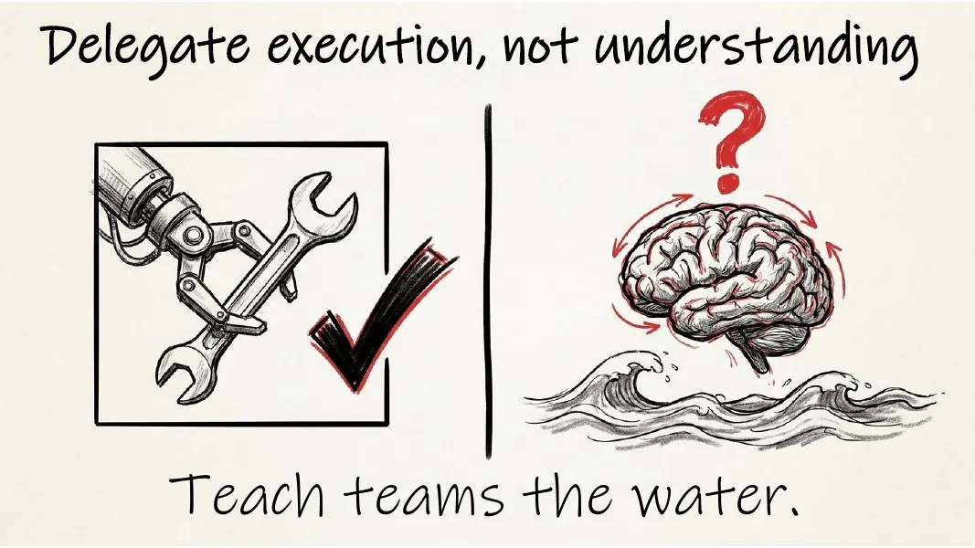 Delegate execution, not understanding. A robot arm with a spanner and a tick, and a brain floating on water with a question mark.